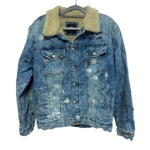 ZARA‎ Men's XL Denim Jacket Sherpa Lined Graphic Graffiti Print Distressed Urban